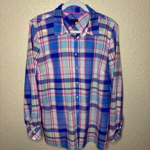 Talbots Blue Pink Plaid Button Down Long Sleeve Cotton Shirt Top Women's Size XL